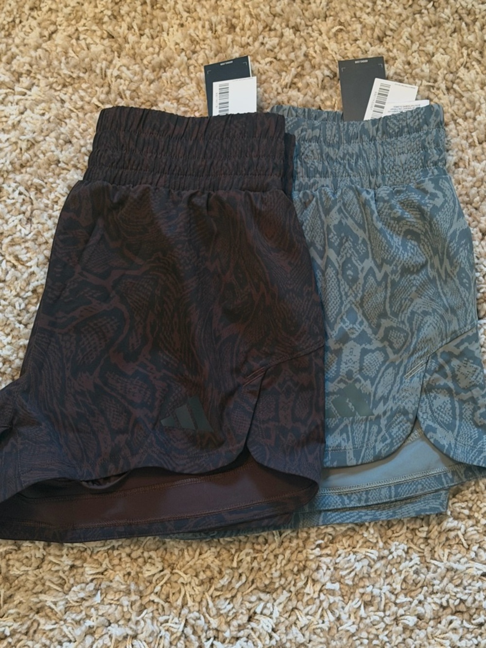 2 pair of adidas Women’s Snake-Print Athletic Shorts - Brown/Black and Gray/Blue